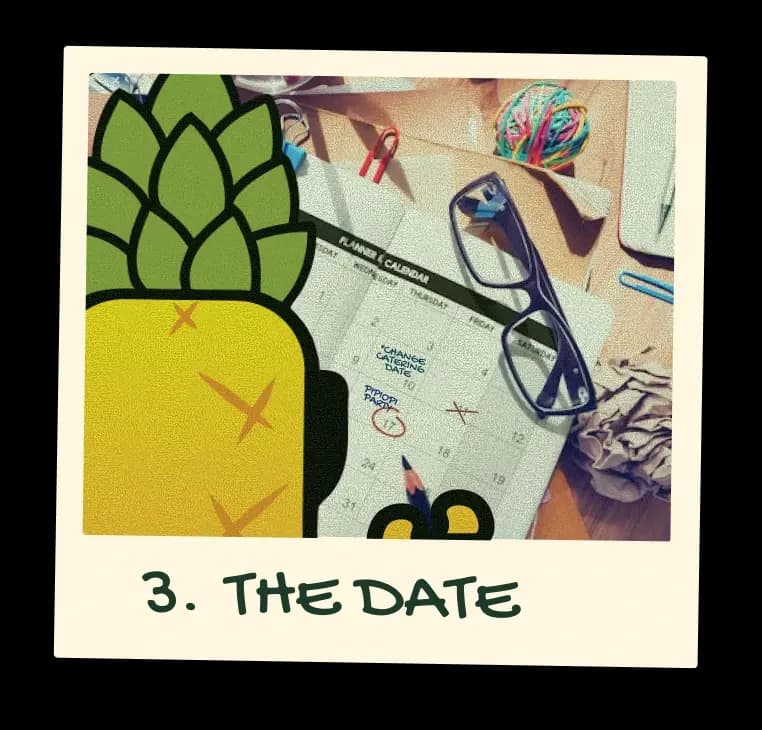Polaroid captioned “3. The date”: Pipiopi peeking over a planner with the catering date circled