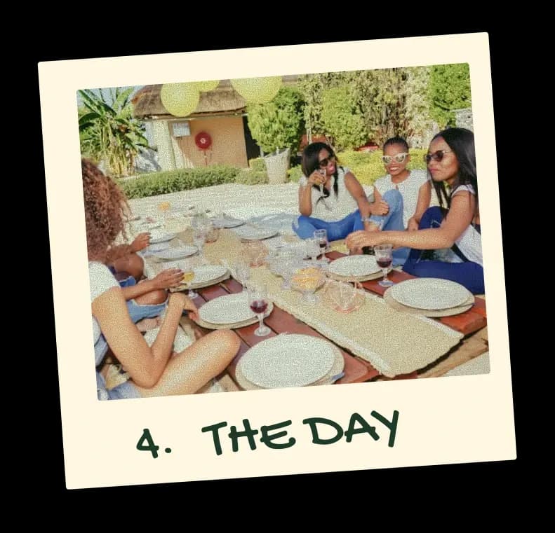 Polaroid captioned “4. The day”: friends sharing a long, set table outdoors