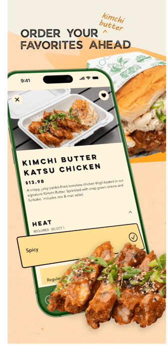 Shootz app item screen — Kimchi Butter Katsu Chicken with heat options.