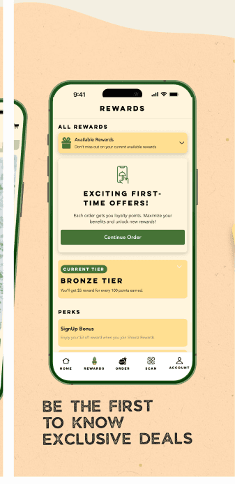 Shootz app rewards screen — Bronze tier, perks and first-time offers.