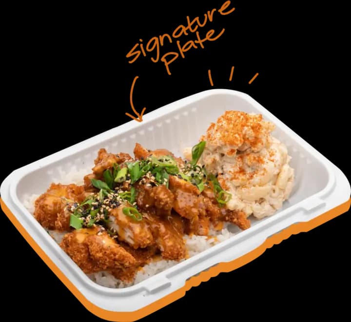 Kimchi Butter Katsu Chicken plate with rice and mac salad, labeled signature plate