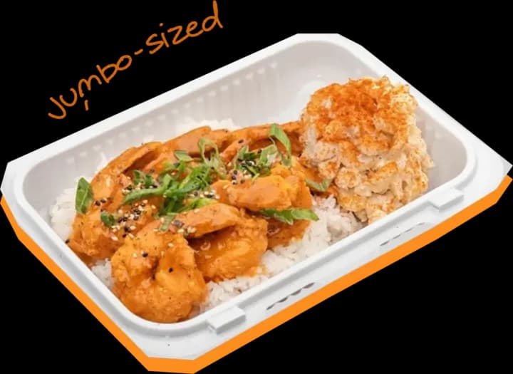 Kimchi Butter Fried Shrimp plate with rice and mac salad, labeled jumbo-sized