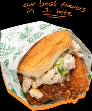 Kimchi Butter Katsu Sando in a Shootz wrapper, labeled our best flavors in 1 bite