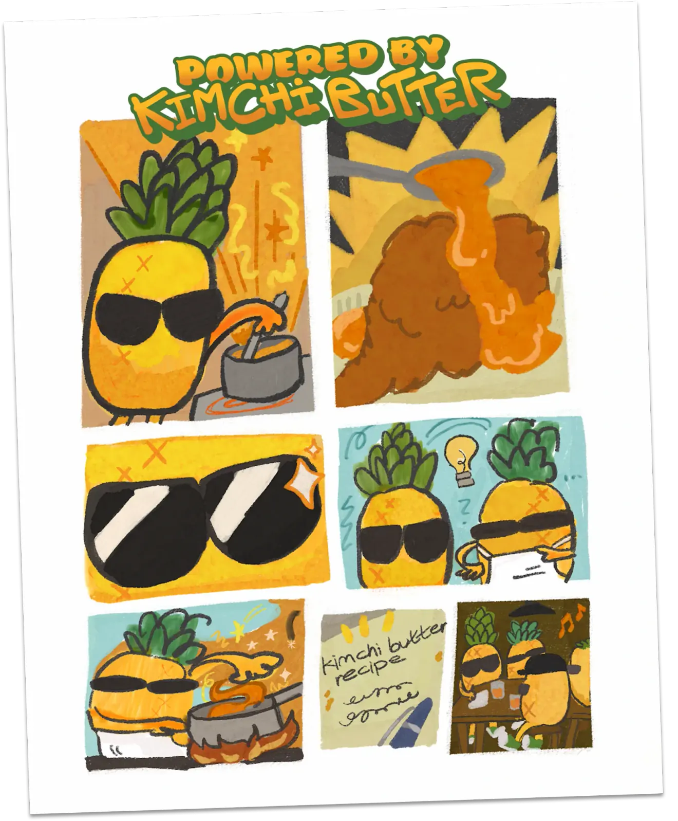 Comic page titled Powered by Kimchi Butter: pineapple characters cooking, saucing chicken, and sharing the recipe