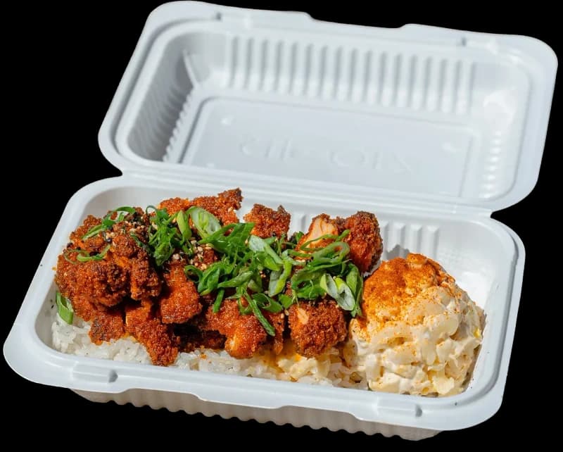 Kimchi Butter chicken katsu plate with rice and mac salad