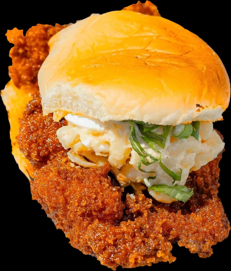 Kimchi Butter chicken katsu sando on a Hawaiian bun with mac salad