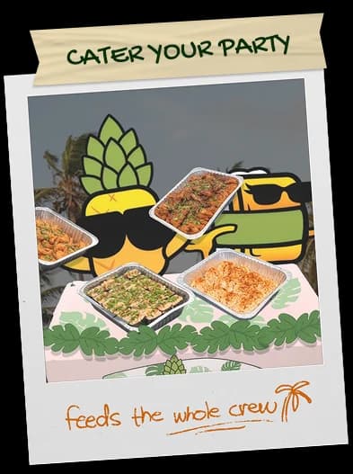 Cater your party: polaroid of Shootz catering trays with Pipiopi and Musubae, captioned “feeds the whole crew”