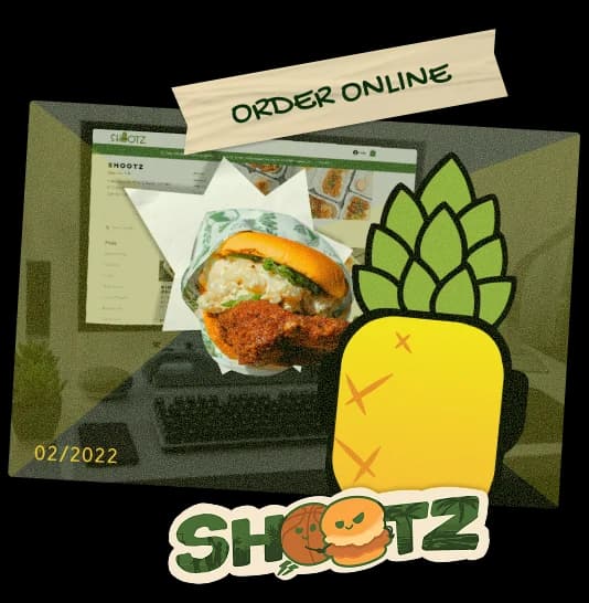 Order online: a Kimchi Butter chicken sando popping out of the Shootz ordering page, with Pipiopi the pineapple