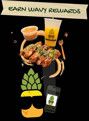 Earn wavy rewards: Kimchi Butter chicken, a Kimchi Butter cup and a drink above Pipiopi holding a phone with the Shootz app