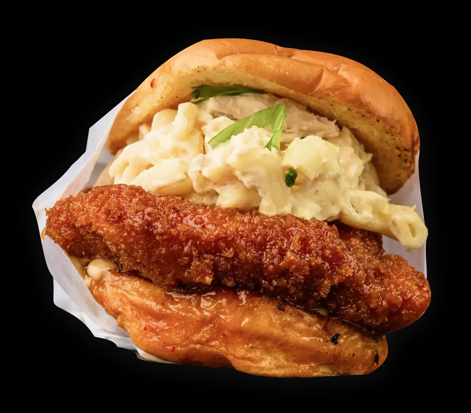 Kimchi Butter chicken katsu sando with mac salad